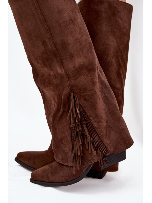 Women's Slip-On Cowboy Boots With Heels And Fringes Brown Zalia