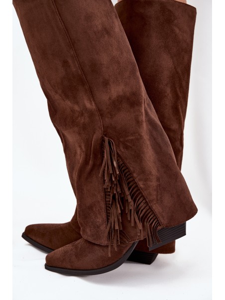 Women's Slip-On Cowboy Boots With Heels And Fringes Brown Zalia