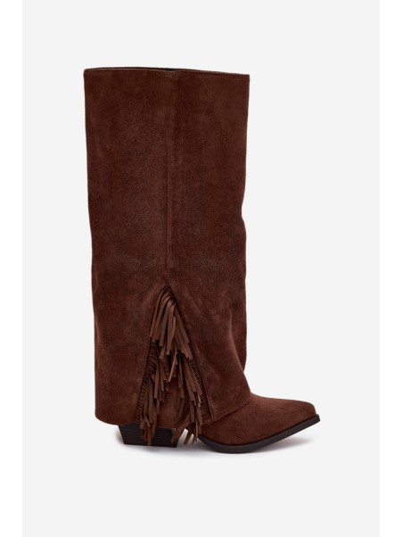 Women's Slip-On Cowboy Boots With Heels And Fringes Brown Zalia
