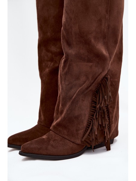 Women's Slip-On Cowboy Boots With Heels And Fringes Brown Zalia
