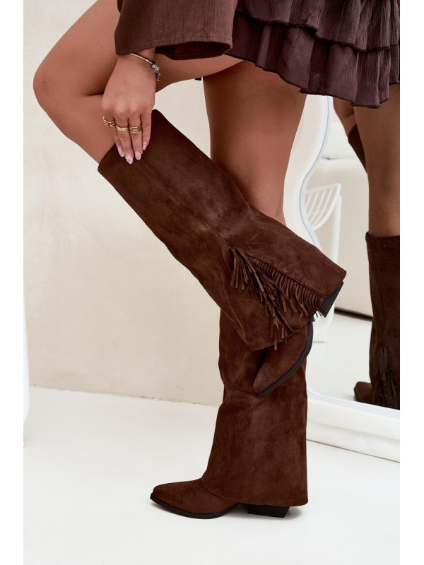 Women's Slip-On Cowboy Boots With Heels And Fringes Brown Zalia