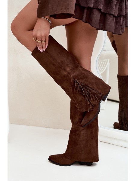 Women's Slip-On Cowboy Boots With Heels And Fringes Brown Zalia