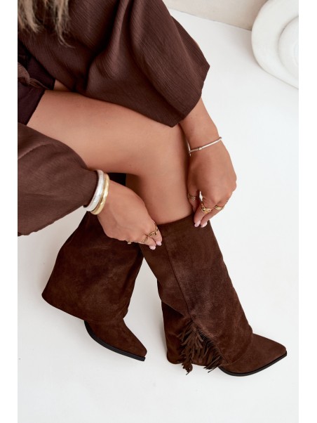 Women's Slip-On Cowboy Boots With Heels And Fringes Brown Zalia