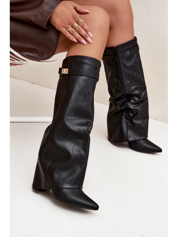 Women's Heeled Boots With Folded Shaft And Gold Detail Black Diorna