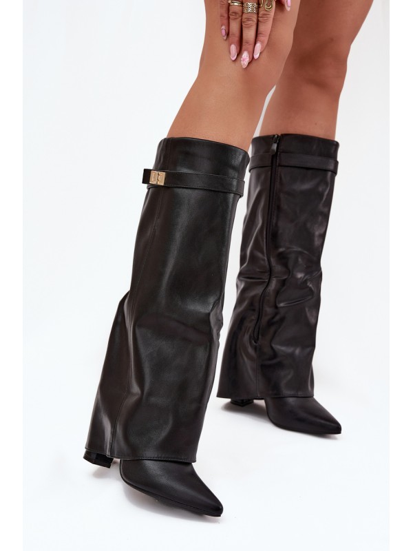 Women's Heeled Boots With Folded Shaft And Gold Detail Black Diorna 2