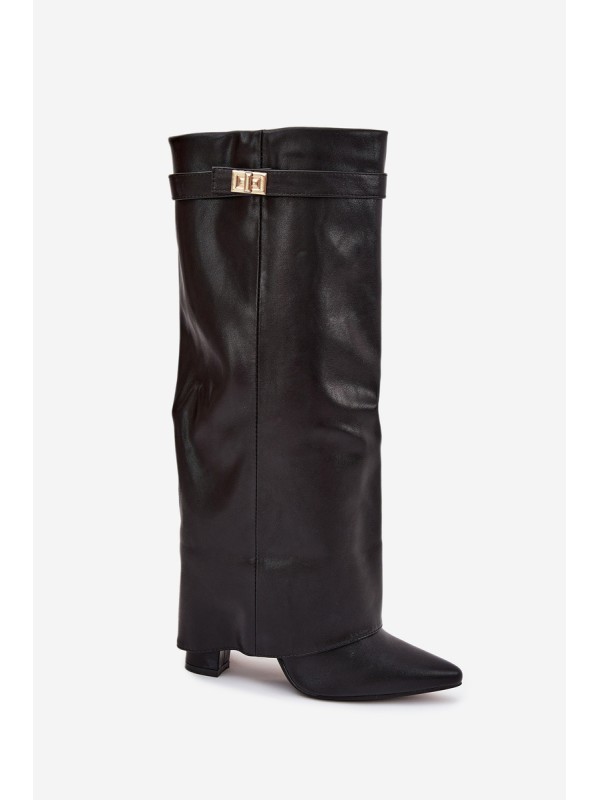 Women's Heeled Boots With Folded Shaft And Gold Detail Black Diorna