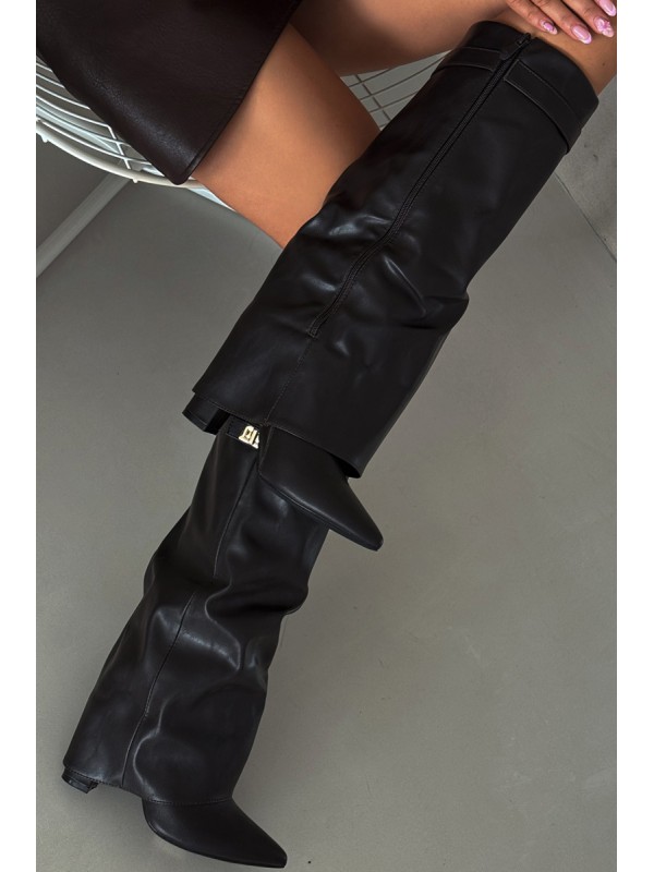 Women's Heeled Boots With Folded Shaft And Gold Detail Black Diorna