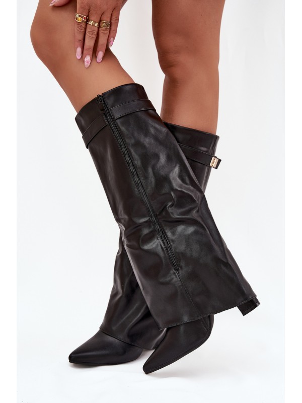 Women's Heeled Boots With Folded Shaft And Gold Detail Black Diorna