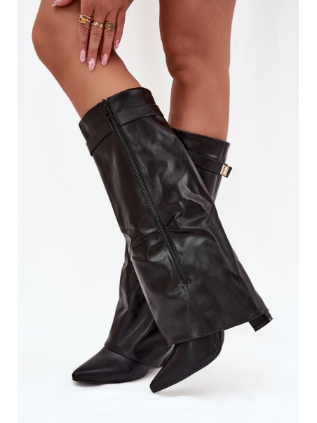 Women's Heeled Boots With Folded Shaft And Gold Detail Black Diorna