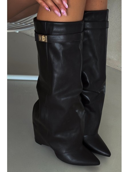 Women's Heeled Boots With Folded Shaft And Gold Detail Black Diorna