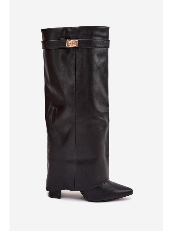 Women's Heeled Boots With Folded Shaft And Gold Detail Black Diorna