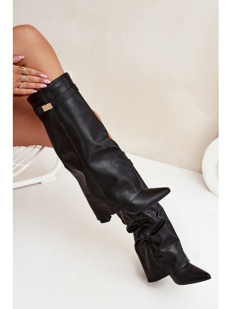 Women's Heeled Boots With Folded Shaft And Gold Detail Black Diorna