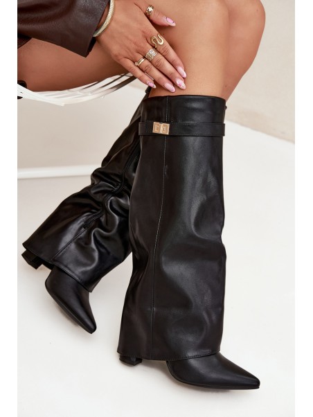 Women's Heeled Boots With Folded Shaft And Gold Detail Black Diorna