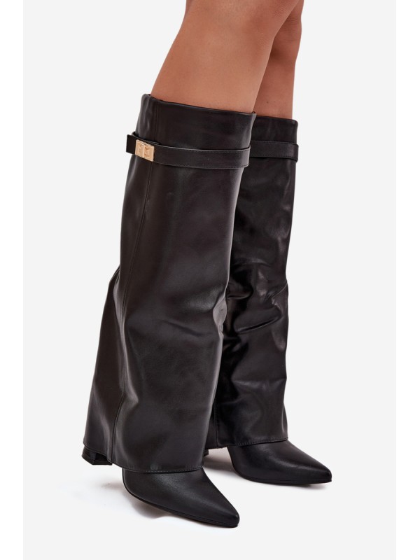 Women's Heeled Boots With Folded Shaft And Gold Detail Black Diorna