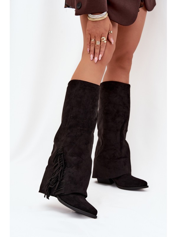 Slip-On Cowboy Boots Women's Heeled With Fringes Black Zalia 2