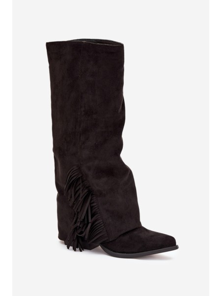 Slip-On Cowboy Boots Women's Heeled With Fringes Black Zalia