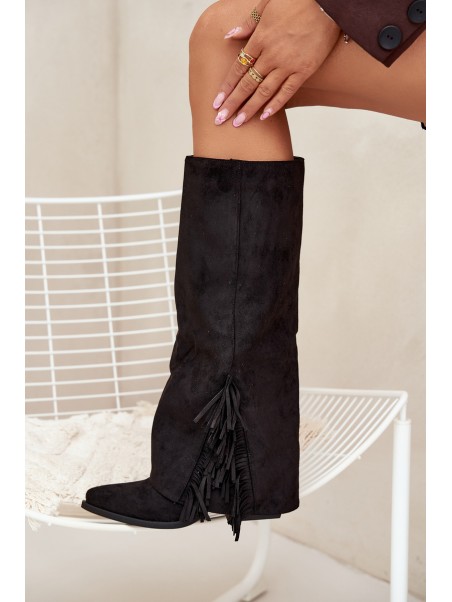 Slip-On Cowboy Boots Women's Heeled With Fringes Black Zalia