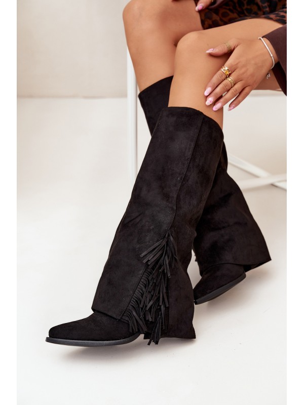 Slip-On Cowboy Boots Women's Heeled With Fringes Black Zalia