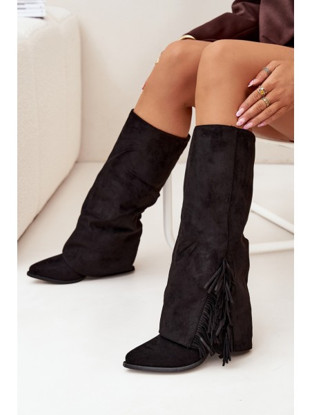 Slip-On Cowboy Boots Women's Heeled With Fringes Black Zalia