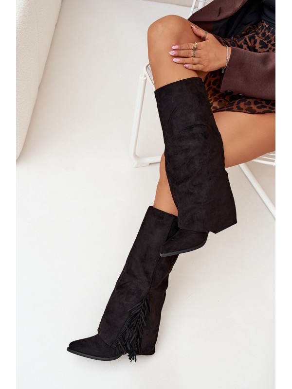 Slip-On Cowboy Boots Women's Heeled With Fringes Black Zalia