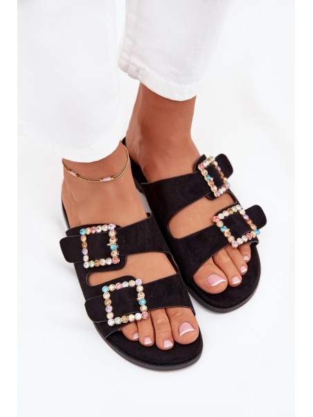 Slides With Buckles On Flat Heel Black Tovira