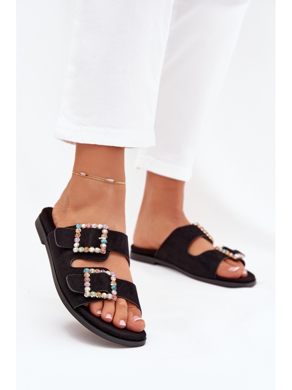 Slides With Buckles On Flat Heel Black Tovira 2