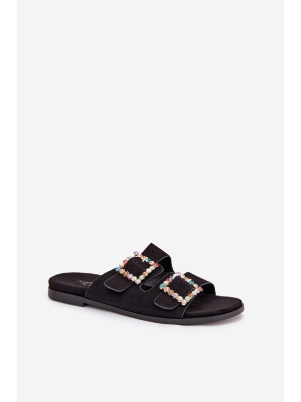 Slides With Buckles On Flat Heel Black Tovira