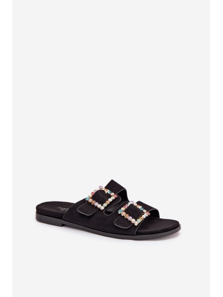 Slides With Buckles On Flat Heel Black Tovira