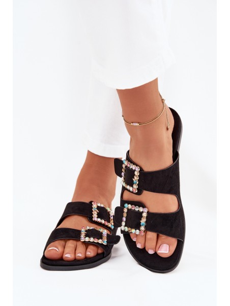 Slides With Buckles On Flat Heel Black Tovira