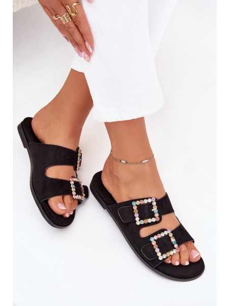 Slides With Buckles On Flat Heel Black Tovira