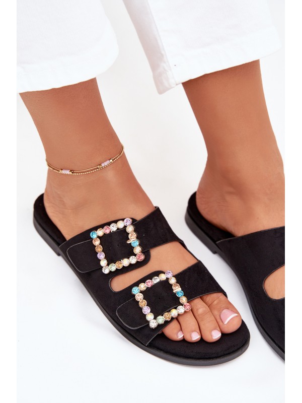 Slides With Buckles On Flat Heel Black Tovira