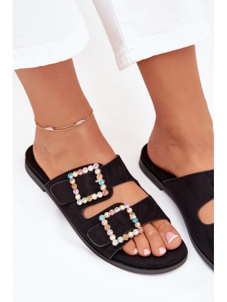 Slides With Buckles On Flat Heel Black Tovira