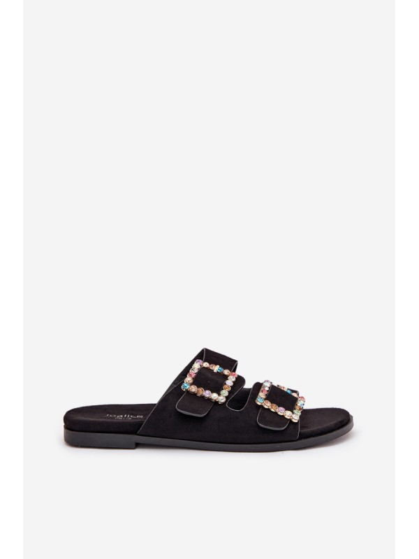 Slides With Buckles On Flat Heel Black Tovira