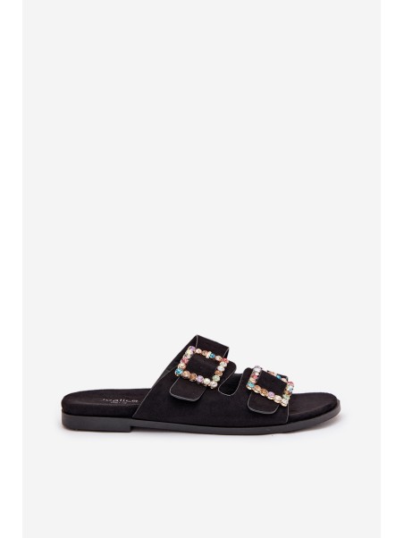 Slides With Buckles On Flat Heel Black Tovira