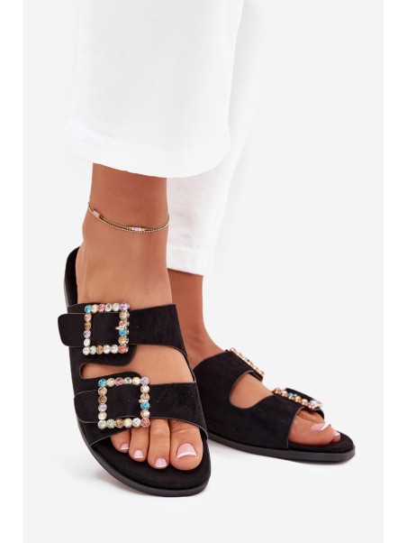 Slides With Buckles On Flat Heel Black Tovira
