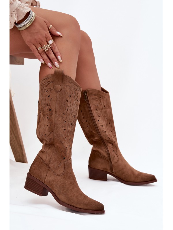 Cowboy Boots With Perforated Pattern On Low Heel Khaki Selirae