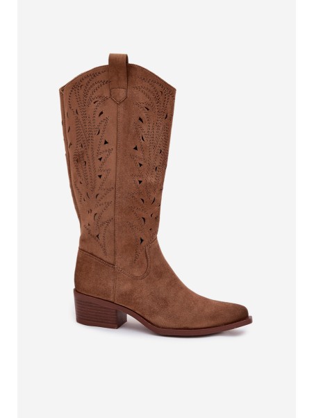 Cowboy Boots With Perforated Pattern On Low Heel Khaki Selirae
