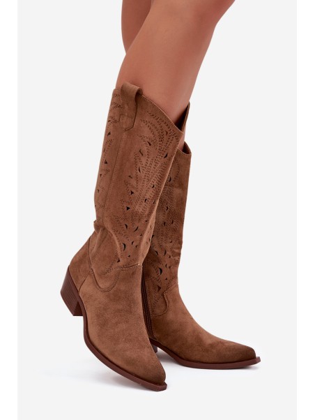 Cowboy Boots With Perforated Pattern On Low Heel Khaki Selirae