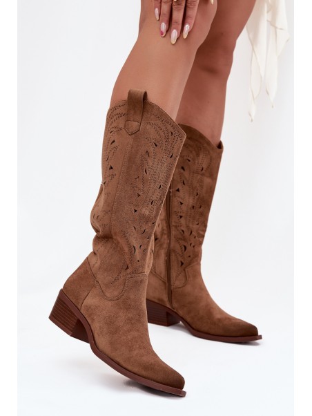 Cowboy Boots With Perforated Pattern On Low Heel Khaki Selirae