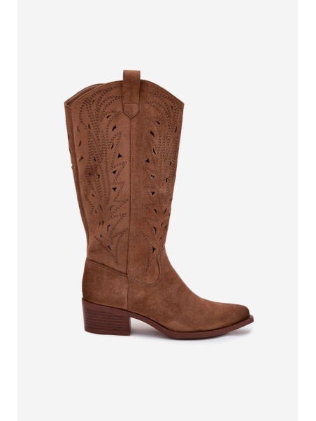 Cowboy Boots With Perforated Pattern On Low Heel Khaki Selirae