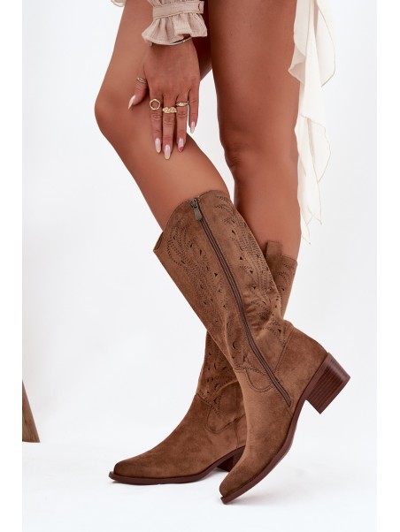 Cowboy Boots With Perforated Pattern On Low Heel Khaki Selirae