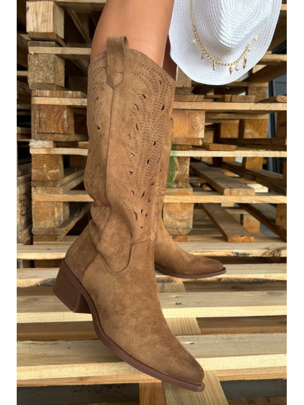 Cowboy Boots With Perforated Pattern On Low Heel Khaki Selirae