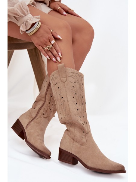 Cowboy Boots With Perforated Pattern On Low Heel Beige Selirae