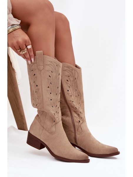 Cowboy Boots With Perforated Pattern On Low Heel Beige Selirae