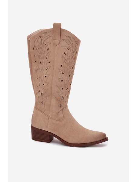 Cowboy Boots With Perforated Pattern On Low Heel Beige Selirae