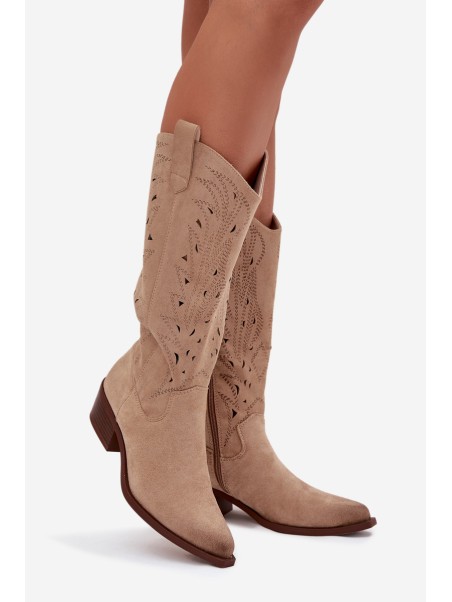 Cowboy Boots With Perforated Pattern On Low Heel Beige Selirae