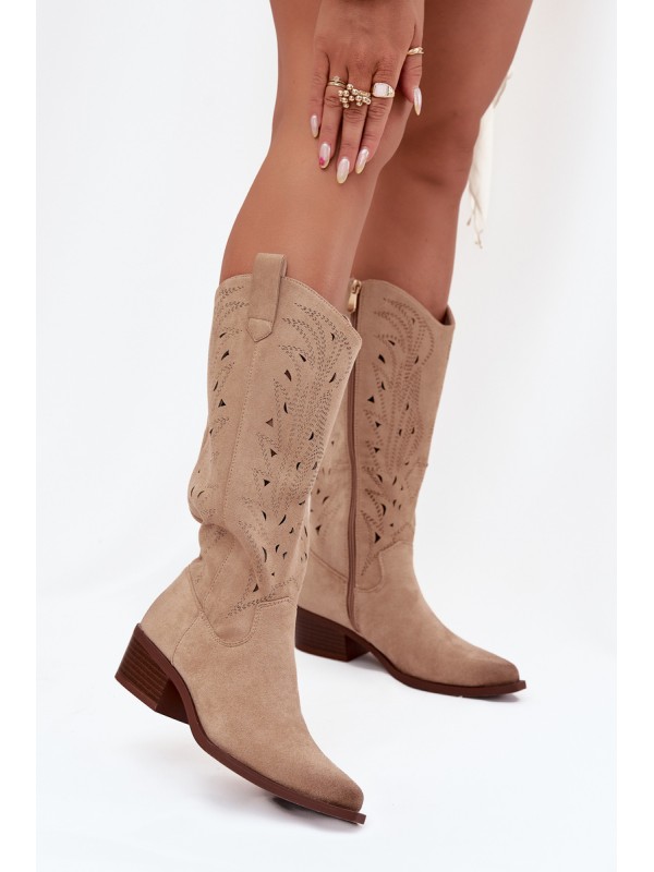 Cowboy Boots With Perforated Pattern On Low Heel Beige Selirae