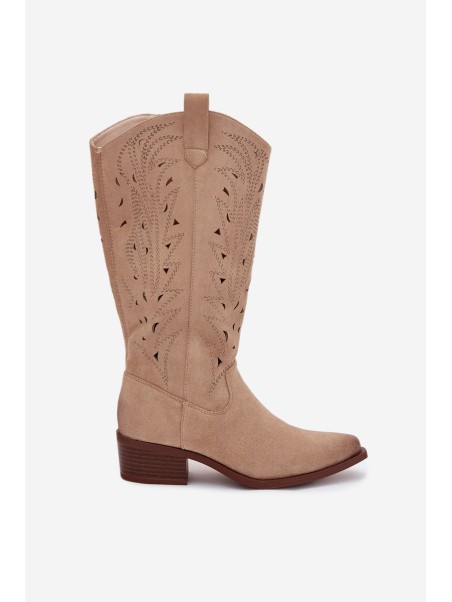 Cowboy Boots With Perforated Pattern On Low Heel Beige Selirae