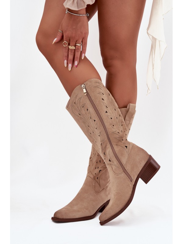 Cowboy Boots With Perforated Pattern On Low Heel Beige Selirae