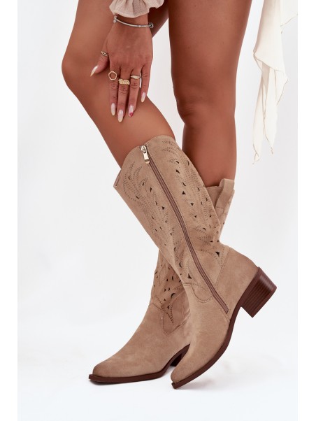 Cowboy Boots With Perforated Pattern On Low Heel Beige Selirae